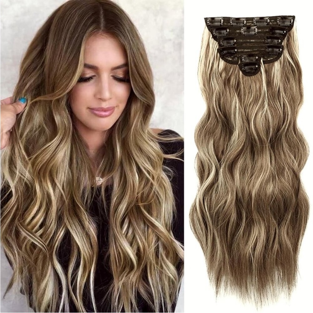 New 6PCS 20 Inch Wavy Curly Medium Brown Ash Blonde Clip-in Hair Extensions